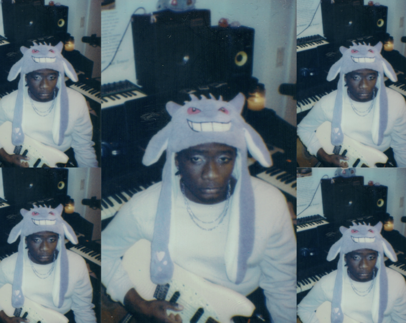 A five-image collage of a Black woman wearing a Pokémon hat and white shirt, while holding a white guitar with a piano keyboard and music speakers in the background.